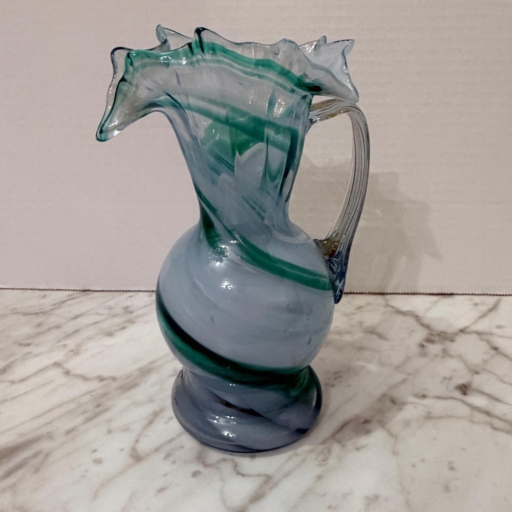 VTG Art Glass‎ Pitcher Blue/Gr White Swirl Ruffled Rim Murano Style Hand Blown